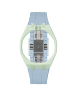 Lime Green case, 12 o'clock, Light Blue strap