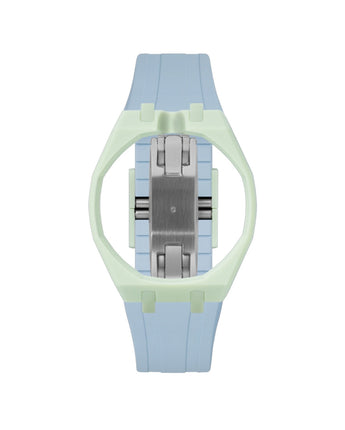 Lime Green case, 12 o'clock, Light Blue strap