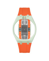 Lime Green case, 12 o'clock, Orange strap