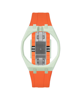 Lime Green case, 12 o'clock, Orange strap