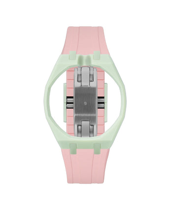 Lime Green case, 12 o'clock, Sakura Pink strap