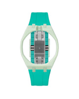 Lime Green case, 12 o'clock, Turquoise strap