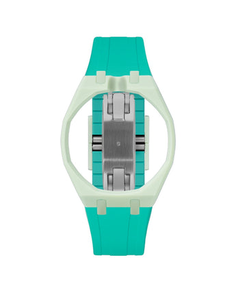 Lime Green case, 12 o'clock, Turquoise strap