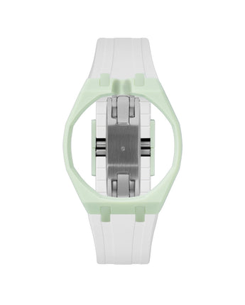 Lime Green case, 12 o'clock, White strap