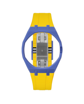 Navy case, 3 o'clock, Yellow strap