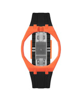 Orange case, 12 o'clock, Black strap