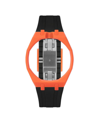 Orange case, 12 o'clock, Black strap