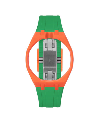 Orange case, 12 o'clock, Dark Green strap
