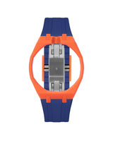 Orange case, 12 o'clock, Indigo Blue strap