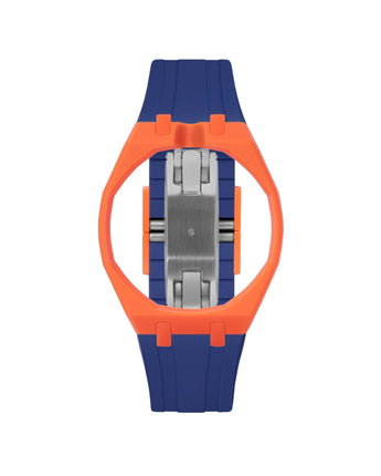 Orange case, 12 o'clock, Indigo Blue strap