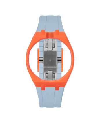 Orange case, 12 o'clock, Light Blue strap