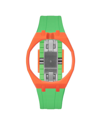 Orange case, 12 o'clock, Light Green strap