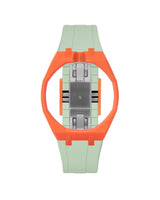 Orange case, 12 o'clock, Lime Green strap