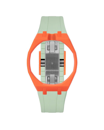 Orange case, 12 o'clock, Lime Green strap