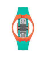 Orange case, 12 o'clock, Turquoise strap