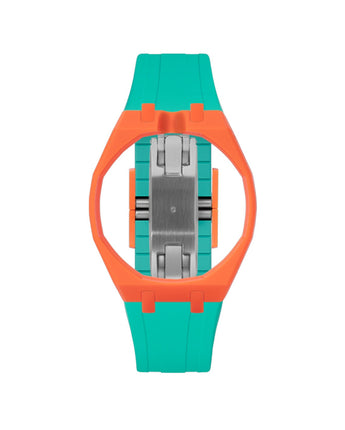 Orange case, 12 o'clock, Turquoise strap