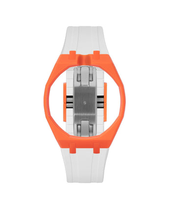 Orange case, 12 o'clock, White strap
