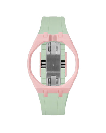 Sakura Pink case, 12 o'clock, Lime Green strap