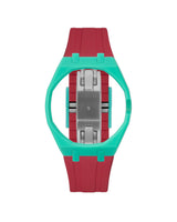 Turquoise case, 3 o'clock, Cherry Red strap