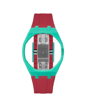 Turquoise case, 3 o'clock, Cherry Red strap