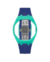 Turquoise case, 3 o'clock, Indigo Blue strap