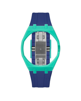 Turquoise case, 3 o'clock, Indigo Blue strap
