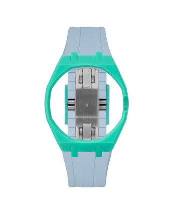 Turquoise case, 3 o'clock, Light Blue strap