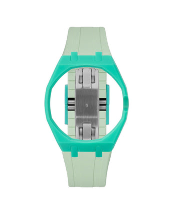 Turquoise case, 3 o'clock, Lime Green strap