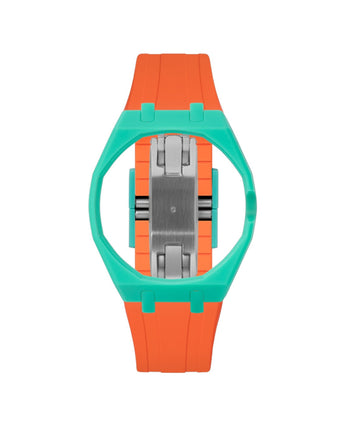Turquoise case, 3 o'clock, Orange strap