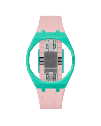 Turquoise case, 3 o'clock, Sakura Pink strap