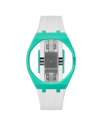 Turquoise case, 3 o'clock, White strap