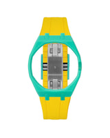 Turquoise case, 3 o'clock, Yellow strap