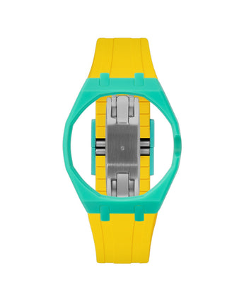 Turquoise case, 3 o'clock, Yellow strap