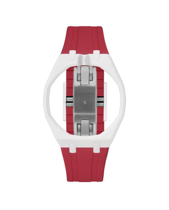 White case, 12 o'clock, Cherry Red strap