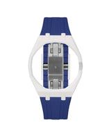 White case, 3 o'clock, Indigo Blue strap