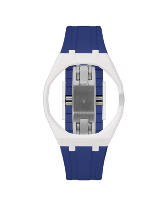 White case, 3 o'clock, Indigo Blue strap