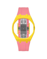 Yellow case, 3 o'clock, Bubblegum Pink strap