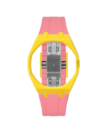 Yellow case, 3 o'clock, Bubblegum Pink strap