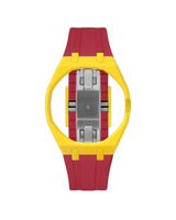 Yellow case, 3 o'clock, Cherry Red strap