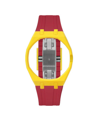 Yellow case, 3 o'clock, Cherry Red strap