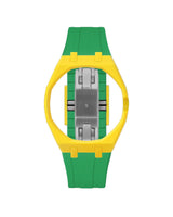 Yellow case, 3 o'clock, Dark Green strap
