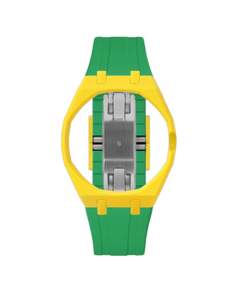 Yellow case, 3 o'clock, Dark Green strap