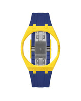 Yellow case, 3 o'clock, Indigo Blue strap