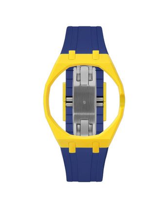 Yellow case, 3 o'clock, Indigo Blue strap