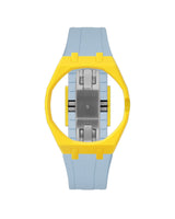 Yellow case, 3 o'clock, Light Blue strap