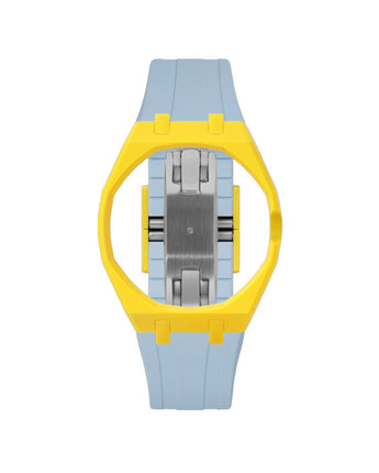 Yellow case, 3 o'clock, Light Blue strap