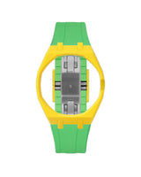Yellow case, 3 o'clock, Light Green strap