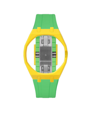 Yellow case, 3 o'clock, Light Green strap