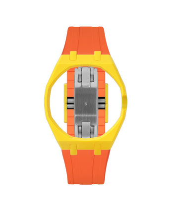 Yellow case, 3 o'clock, Orange strap