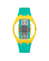 Yellow case, 3 o'clock, Turquoise strap